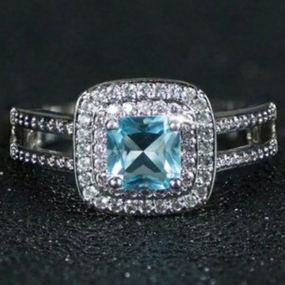 NEW Silver Blue Princess Cut Double Pink Halo Ring